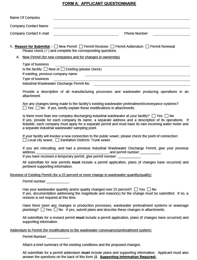 Industrial Wastewater Discharge Permit Form A Applicant Questionnaire